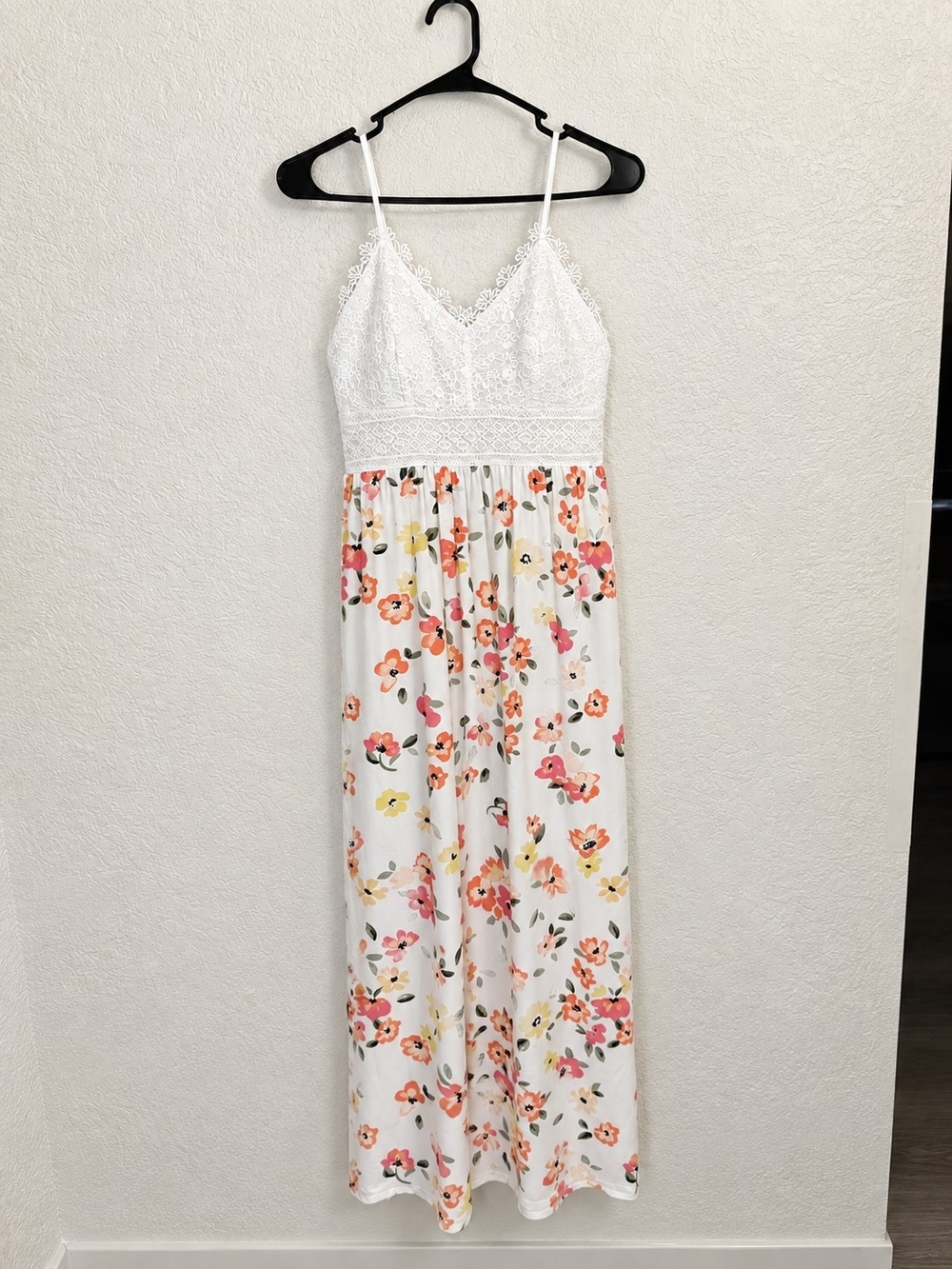 No Boundaries White Floral Lace Maxi Dress with Pink and Yellow Blossoms